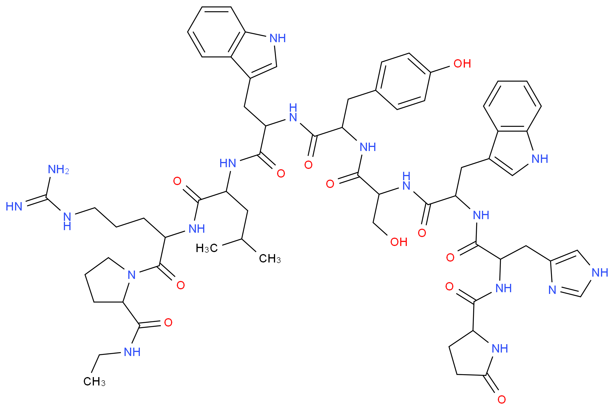 1-[5-carbamimidamido-2-(2-{2-[2-(3-hydroxy-2-{2-[3-(1H-imidazol-4-yl)-2-[(5-oxopyrrolidin-2-yl)formamido]propanamido]-3-(1H-indol-3-yl)propanamido}propanamido)-3-(4-hydroxyphenyl)propanamido]-3-(1H-indol-3-yl)propanamido}-4-methylpentanamido)pentanoyl]-N-ethylpyrrolidine-2-carboxamide_分子结构_CAS_57773-65-6