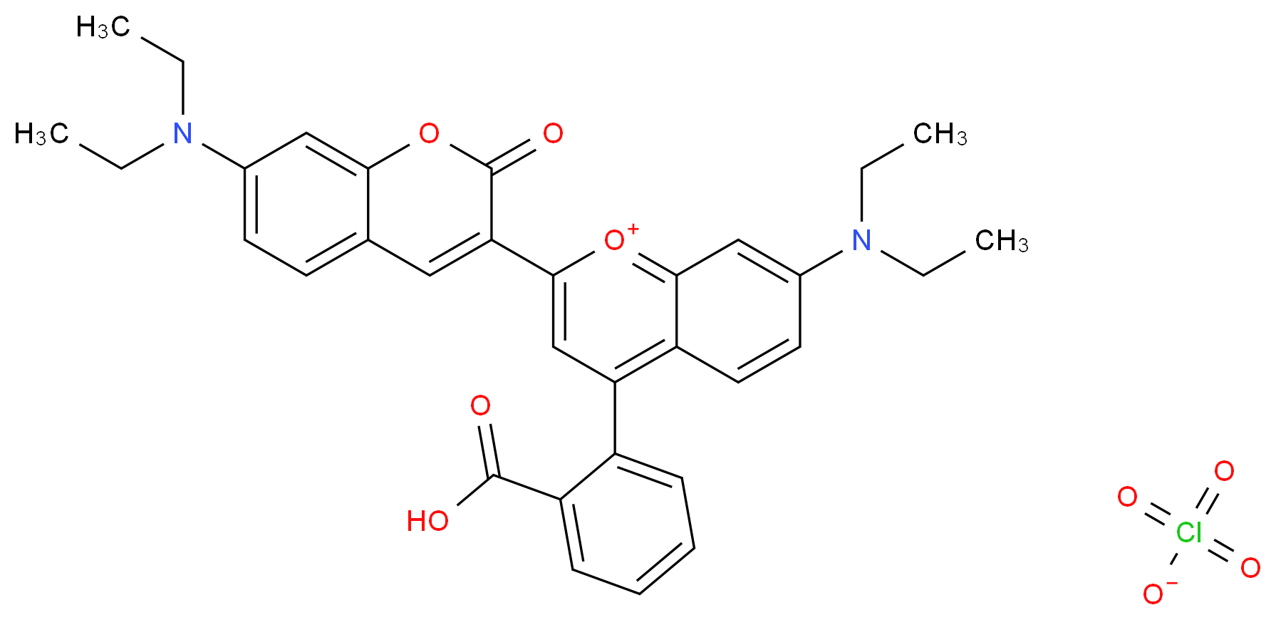 4-(2-Carboxyphenyl)-7-diethylamino-2-(7-diethylamino-2-oxochroman-3-yl)-chromylium perchlorate_分子结构_CAS_168206-21-1)