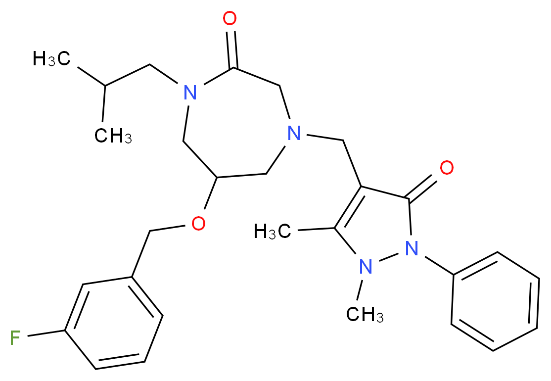 4-[(1,5-dimethyl-3-oxo-2-phenyl-2,3-dihydro-1H-pyrazol-4-yl)methyl]-6-[(3-fluorobenzyl)oxy]-1-isobutyl-1,4-diazepan-2-one_分子结构_CAS_)