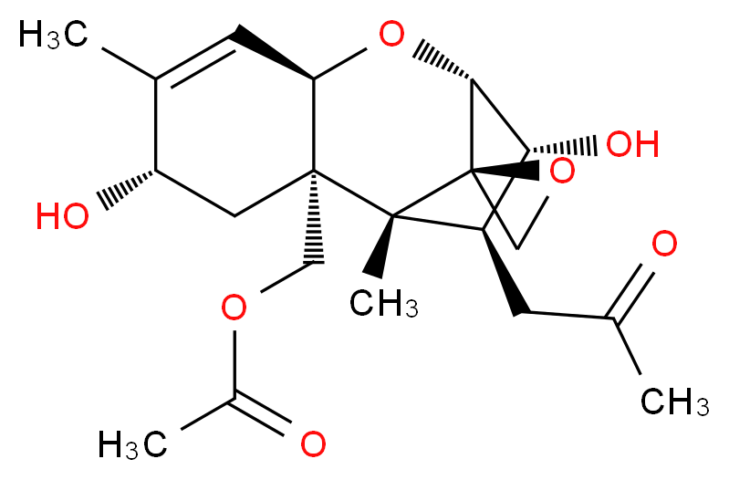 (1'R,2R,2'R,4'S,7'R,9'R,10'R,11'S)-4',10'-dihydroxy-1',5'-dimethyl-11'-(2-oxopropyl)-8'-oxaspiro[oxirane-2,12'-tricyclo[7.2.1.0<sup>2</sup>,<sup>7</sup>]dodecan]-5'-en-2'-ylmethyl acetate_分子结构_CAS_36519-25-2