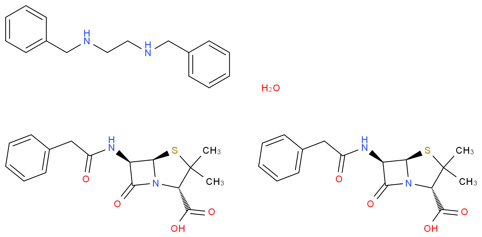 bis((2S,5R,6R)-3,3-dimethyl-7-oxo-6-(2-phenylacetamido)-4-thia-1-azabicyclo[3.2.0]heptane-2-carboxylic acid) benzyl[2-(benzylamino)ethyl]amine hydrate_分子结构_CAS_1538-09-6