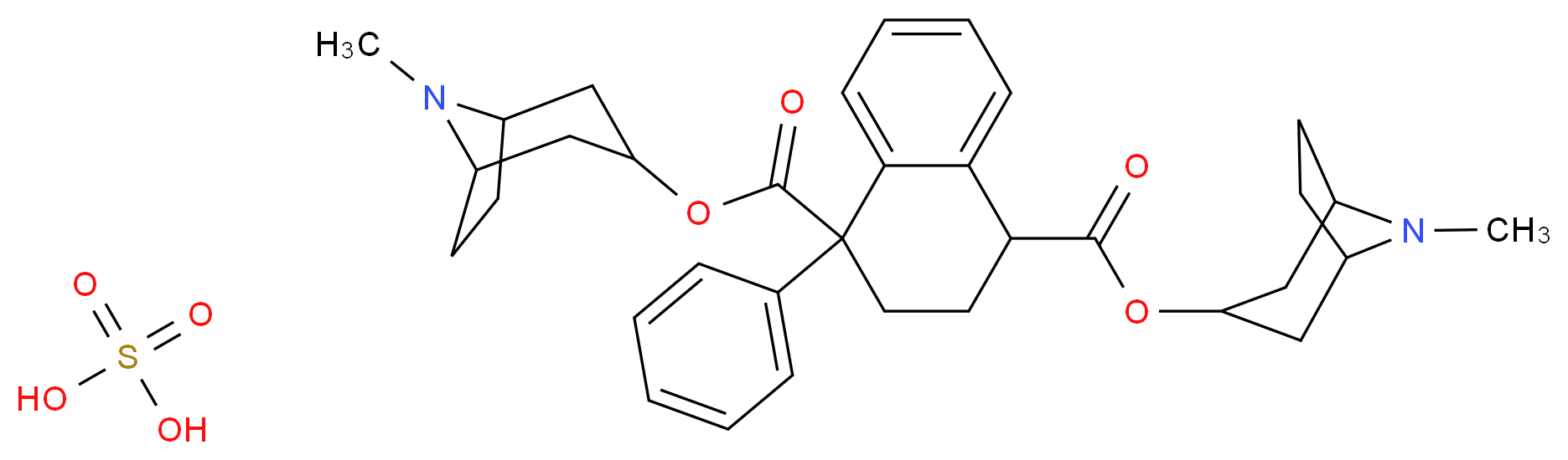 sulfuric acid 1,4-bis({8-methyl-8-azabicyclo[3.2.1]octan-3-yl}) 1-phenyl-1,2,3,4-tetrahydronaphthalene-1,4-dicarboxylate_分子结构_CAS_510-25-8