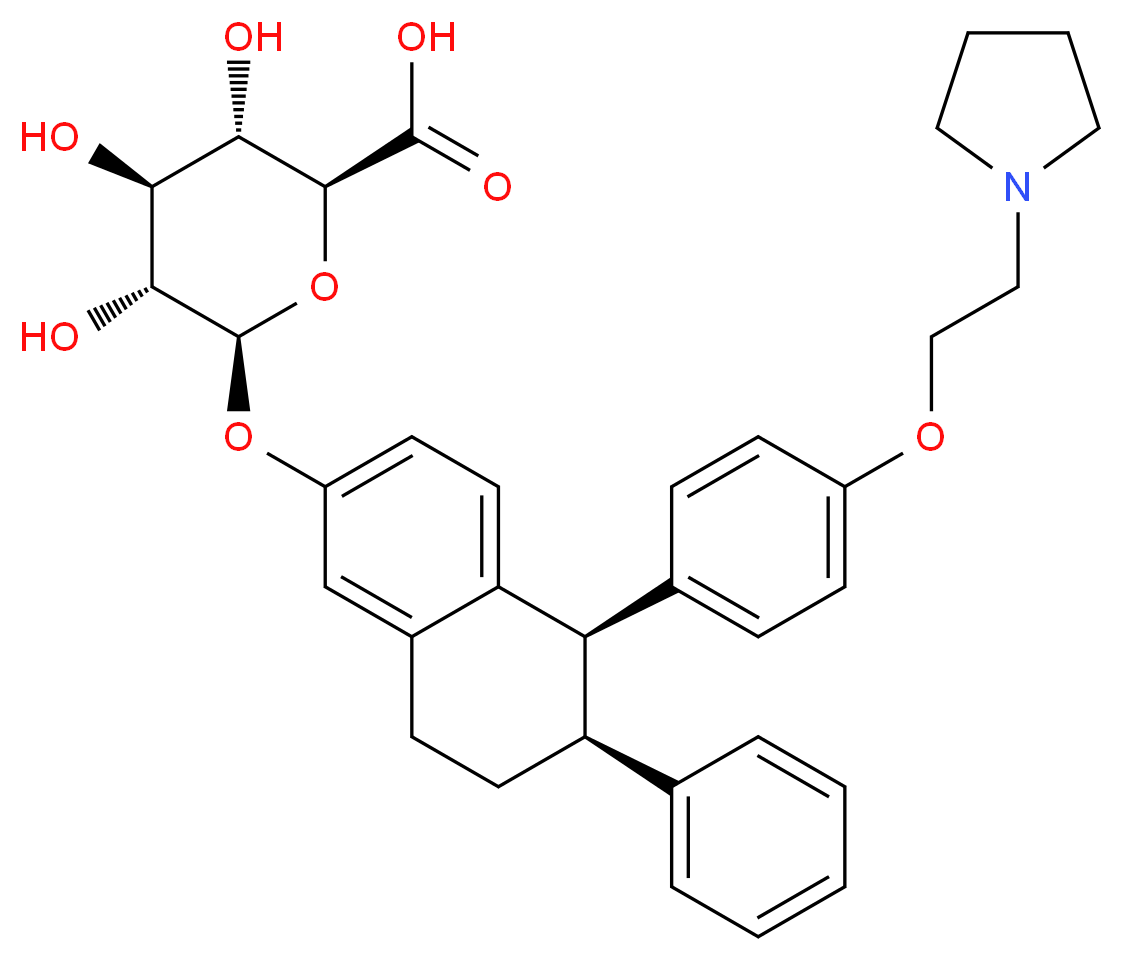 (2S,3S,4S,5R,6S)-3,4,5-trihydroxy-6-{[(5R,6S)-6-phenyl-5-{4-[2-(pyrrolidin-1-yl)ethoxy]phenyl}-5,6,7,8-tetrahydronaphthalen-2-yl]oxy}oxane-2-carboxylic acid_分子结构_CAS_1048953-95-2