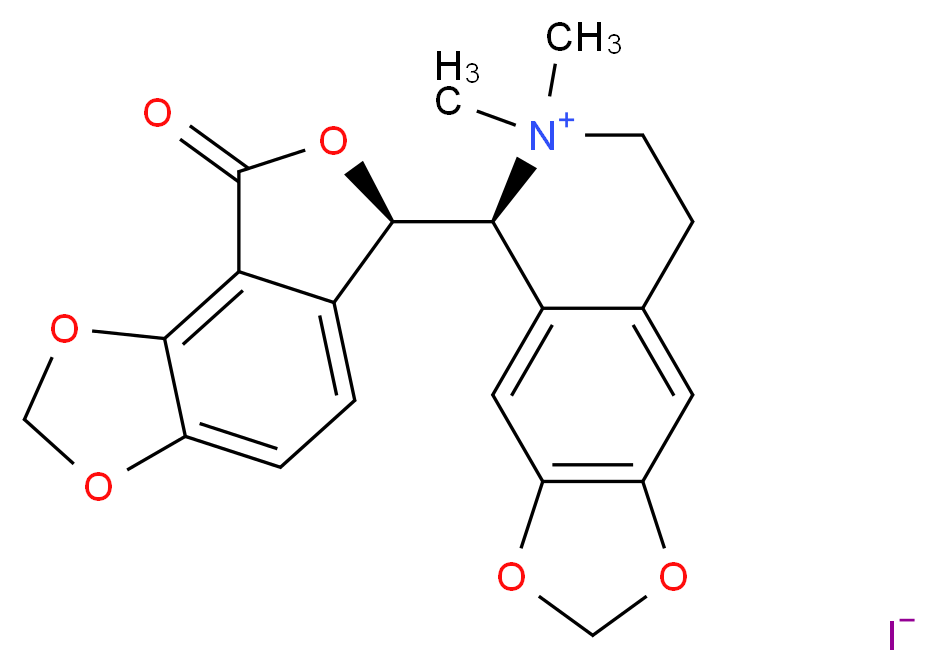 (5S)-6,6-dimethyl-5-[(10R)-12-oxo-3,5,11-trioxatricyclo[7.3.0.0<sup>2</sup>,<sup>6</sup>]dodeca-1,6,8-trien-10-yl]-2H,5H,6H,7H,8H-[1,3]dioxolo[4,5-g]isoquinolin-6-ium iodide_分子结构_CAS_40709-69-1