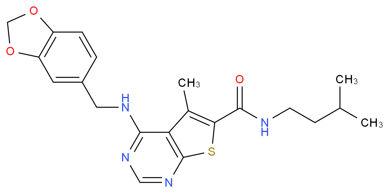 4-[(1,3-benzodioxol-5-ylmethyl)amino]-5-methyl-N-(3-methylbutyl)thieno[2,3-d]pyrimidine-6-carboxamide_分子结构_CAS_)