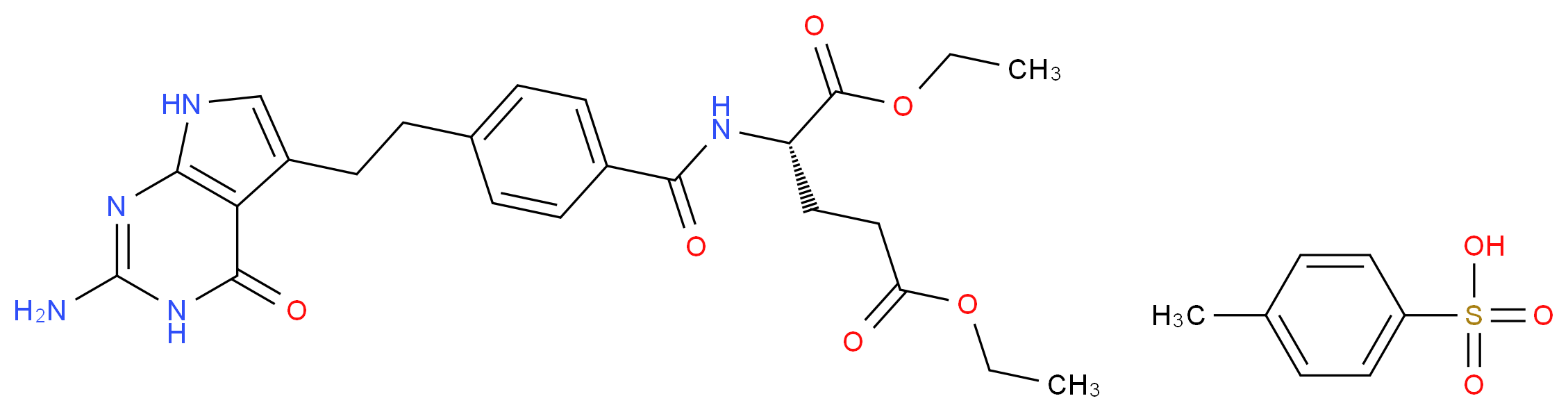 4-methylbenzene-1-sulfonic acid 1,5-diethyl (2S)-2-{[4-(2-{2-amino-4-oxo-3H,4H,7H-pyrrolo[2,3-d]pyrimidin-5-yl}ethyl)phenyl]formamido}pentanedioate_分子结构_CAS_165049-28-5