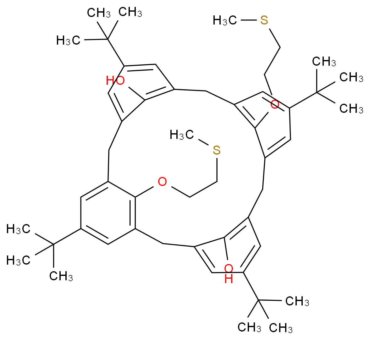 5,11,17,23-tetra-tert-butyl-26,28-bis[2-(methylsulfanyl)ethoxy]pentacyclo[19.3.1.1<sup>3</sup>,<sup>7</sup>.1<sup>9</sup>,<sup>1</sup><sup>3</sup>.1<sup>1</sup><sup>5</sup>,<sup>1</sup><sup>9</sup>]octacosa-1(25),3,5,7(28),9(27),10,12,15,17,19(26),21,23-dodecaene-25,27-diol_分子结构_CAS_145237-25-8