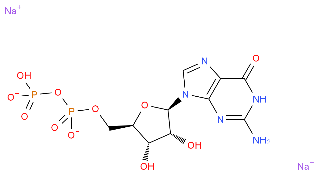 disodium [(2R,3S,4R,5R)-5-(2-amino-6-oxo-6,9-dihydro-1H-purin-9-yl)-3,4-dihydroxyoxolan-2-yl]methyl (hydrogen phosphonatooxy)phosphonate_分子结构_CAS_7415-69-2