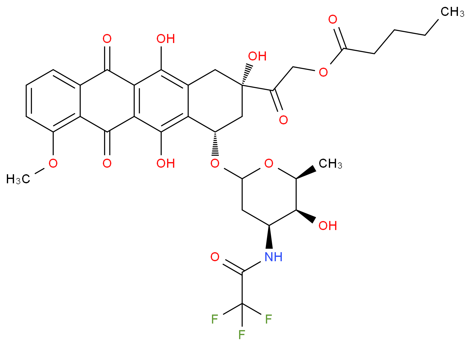 2-oxo-2-[(2S,4S)-2,5,12-trihydroxy-4-{[(4S,5S,6S)-5-hydroxy-6-methyl-4-(trifluoroacetamido)oxan-2-yl]oxy}-7-methoxy-6,11-dioxo-1,2,3,4,6,11-hexahydrotetracen-2-yl]ethyl pentanoate_分子结构_CAS_56124-62-0
