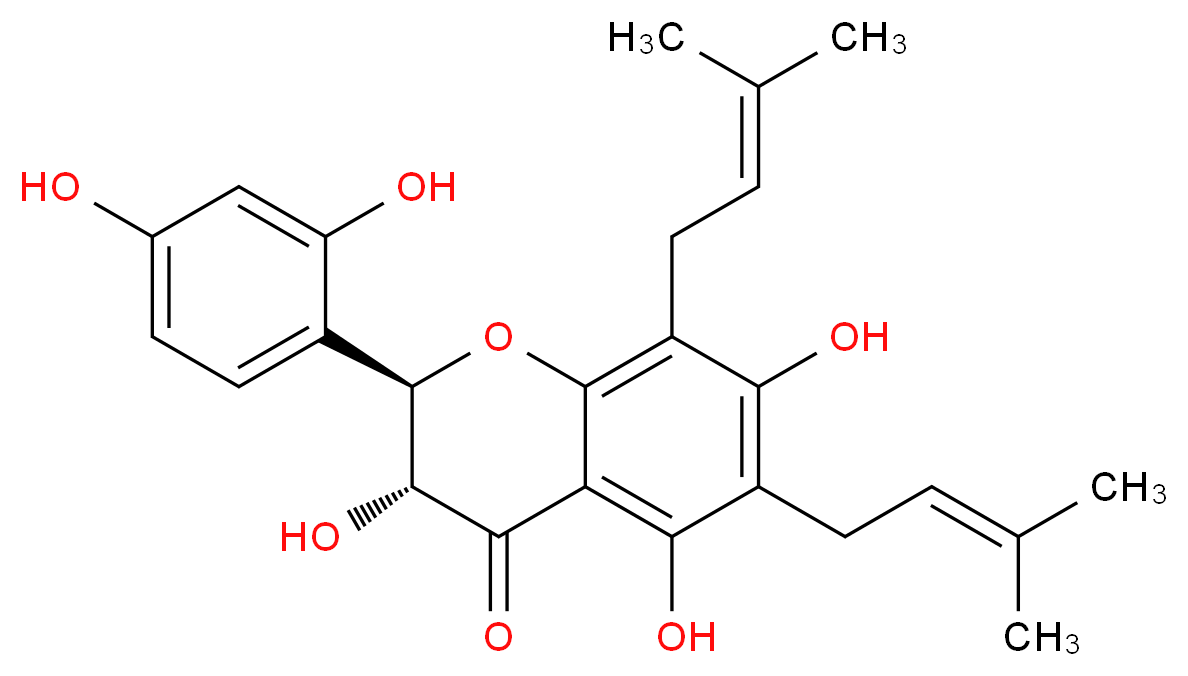 (2R,3R)-2-(2,4-dihydroxyphenyl)-3,5,7-trihydroxy-6,8-bis(3-methylbut-2-en-1-yl)-3,4-dihydro-2H-1-benzopyran-4-one_分子结构_CAS_101236-50-4