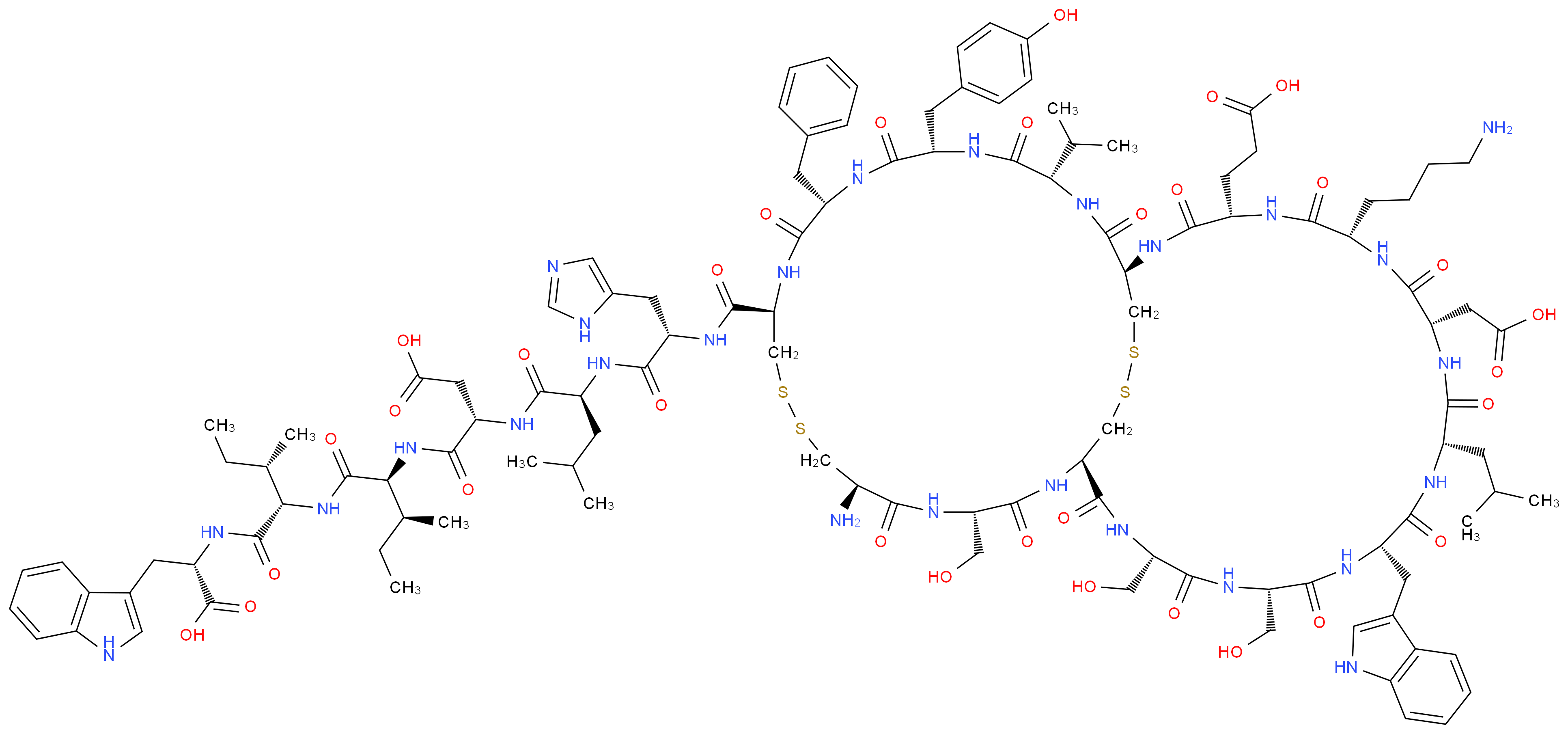 (3S)-3-[(2S)-2-[(2S)-2-{[(1R,4S,7S,10S,13S,16S,19S,22S,25R,28S,31R,36R,39S,42S,45S)-31-amino-7-(4-aminobutyl)-39-benzyl-4-(2-carboxyethyl)-10-(carboxymethyl)-19,22,28-tris(hydroxymethyl)-42-[(4-hydroxyphenyl)methyl]-16-(1H-indol-3-ylmethyl)-13-(2-methylpropyl)-3,6,9,12,15,18,21,24,27,30,38,41,44,47-tetradecaoxo-45-(propan-2-yl)-33,34,49,50-tetrathia-2,5,8,11,14,17,20,23,26,29,37,40,43,46-tetradecaazabicyclo[23.22.4]henpentacontan-36-yl]formamido}-3-(1H-imidazol-5-yl)propanamido]-4-methylpentanamido]-3-{[(1S,2S)-1-{[(1S,2S)-1-{[(1S)-1-carboxy-2-(1H-indol-3-yl)ethyl]carbamoyl}-2-methylbutyl]carbamoyl}-2-methylbutyl]carbamoyl}propanoic acid_分子结构_CAS_123562-20-9