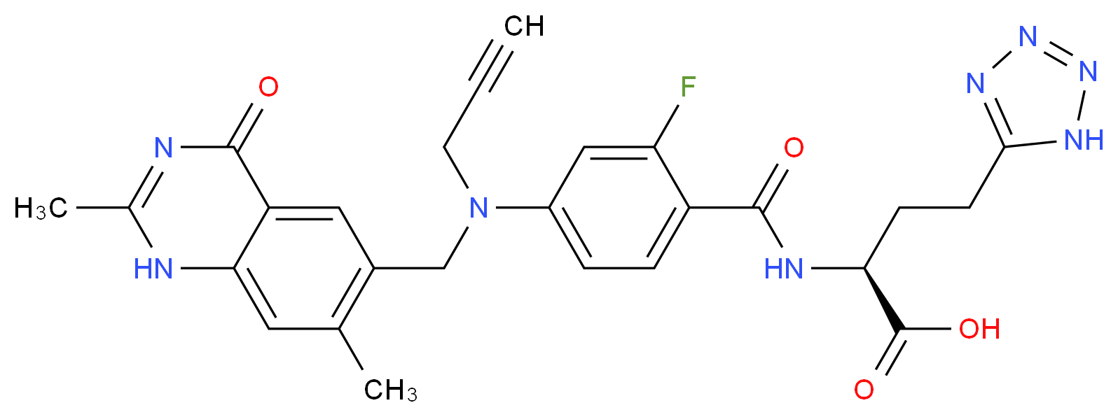 (2S)-2-[(4-{[(2,7-dimethyl-4-oxo-1,4-dihydroquinazolin-6-yl)methyl](prop-2-yn-1-yl)amino}-2-fluorophenyl)formamido]-4-(1H-1,2,3,4-tetrazol-5-yl)butanoic acid_分子结构_CAS_153537-73-6