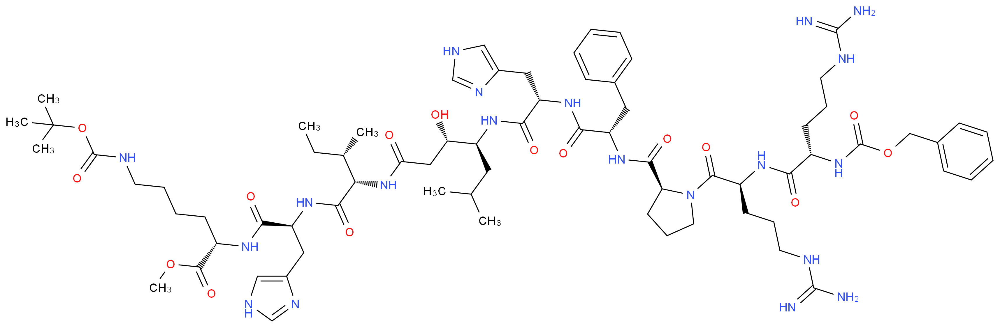 methyl (2S)-2-[(2S)-2-[(2S,3S)-2-[(3S,4S)-4-[(2S)-2-[(2S)-2-{[(2S)-1-[(2S)-2-[(2S)-2-{[(benzyloxy)carbonyl]amino}-5-carbamimidamidopentanamido]-5-carbamimidamidopentanoyl]pyrrolidin-2-yl]formamido}-3-phenylpropanamido]-3-(1H-imidazol-4-yl)propanamido]-3-hydroxy-6-methylheptanamido]-3-methylpentanamido]-3-(1H-imidazol-4-yl)propanamido]-6-{[(tert-butoxy)carbonyl]amino}hexanoate_分子结构_CAS_93287-54-8
