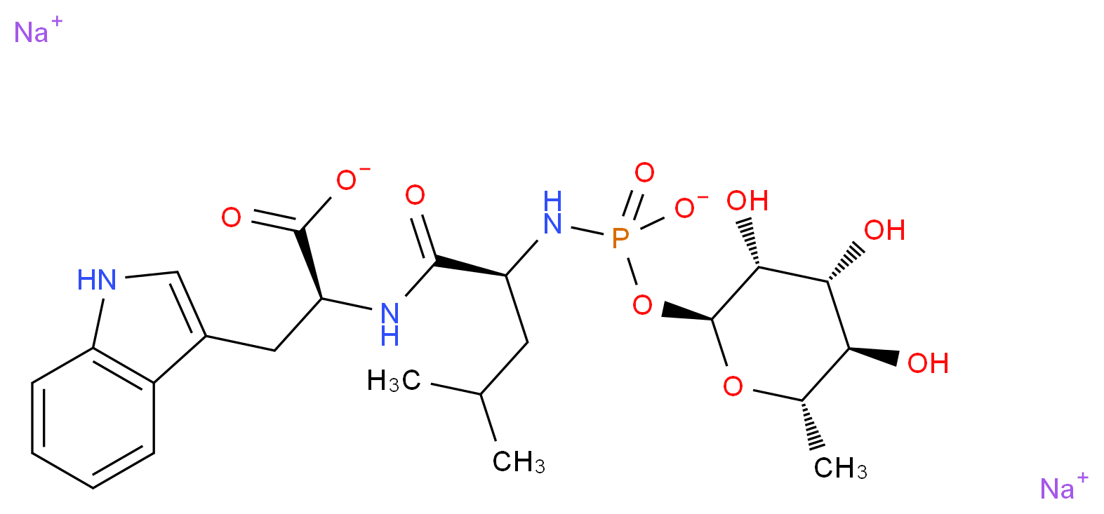 disodium (2S)-3-(1H-indol-3-yl)-2-[(2S)-4-methyl-2-[({[(2S,3R,4R,5R,6S)-3,4,5-trihydroxy-6-methyloxan-2-yl]oxy}phosphinato)amino]pentanamido]propanoate_分子结构_CAS_119942-99-3