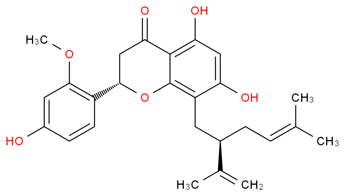 (2S)-5,7-dihydroxy-2-(4-hydroxy-2-methoxyphenyl)-8-[(2R)-5-methyl-2-(prop-1-en-2-yl)hex-4-en-1-yl]-3,4-dihydro-2H-1-benzopyran-4-one_分子结构_CAS_97938-31-3