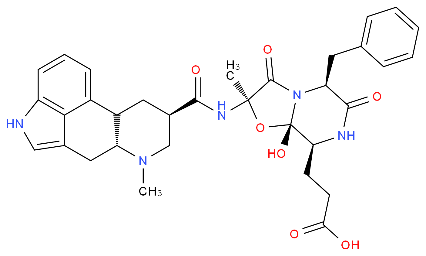 3-[(2R,5S,8S,8aS)-5-benzyl-8a-hydroxy-2-methyl-2-[(4R,7R)-6-methyl-6,11-diazatetracyclo[7.6.1.0<sup>2</sup>,<sup>7</sup>.0<sup>1</sup><sup>2</sup>,<sup>1</sup><sup>6</sup>]hexadeca-1(16),9,12,14-tetraene-4-amido]-3,6-dioxo-hexahydro-2H-[1,3]oxazolo[3,2-a]piperazin-8-yl]propanoic acid_分子结构_CAS_91653-37-1