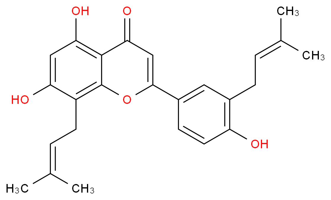 5,7-dihydroxy-2-[4-hydroxy-3-(3-methylbut-2-en-1-yl)phenyl]-8-(3-methylbut-2-en-1-yl)-4H-chromen-4-one_分子结构_CAS_955135-37-2