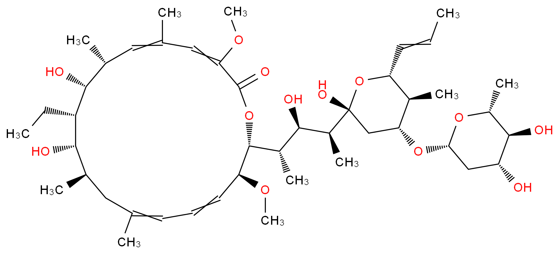 (7R,8R,9S,10S,11R,17S,18R)-18-[(2S,3R,4S)-4-[(2R,4R,5S,6R)-4-{[(2R,4R,5S,6R)-4,5-dihydroxy-6-methyloxan-2-yl]oxy}-2-hydroxy-5-methyl-6-(prop-1-en-1-yl)oxan-2-yl]-3-hydroxypentan-2-yl]-9-ethyl-8,10-dihydroxy-3,17-dimethoxy-5,7,11,13-tetramethyl-1-oxacyclooctadeca-3,5,13,15-tetraen-2-one_分子结构_CAS_81552-34-3