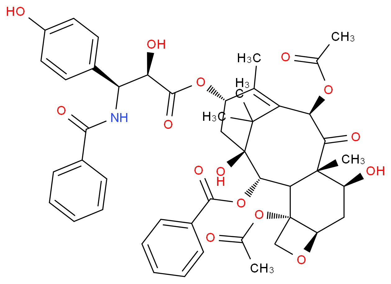 (1S,2S,3R,4S,7R,9S,10S,12R,15S)-4,12-bis(acetyloxy)-1,9-dihydroxy-15-{[(2R,3S)-2-hydroxy-3-(4-hydroxyphenyl)-3-(phenylformamido)propanoyl]oxy}-10,14,17,17-tetramethyl-11-oxo-6-oxatetracyclo[11.3.1.0<sup>3</sup>,<sup>1</sup><sup>0</sup>.0<sup>4</sup>,<sup>7</sup>]heptadec-13-en-2-yl benzoate_分子结构_CAS_132160-32-8