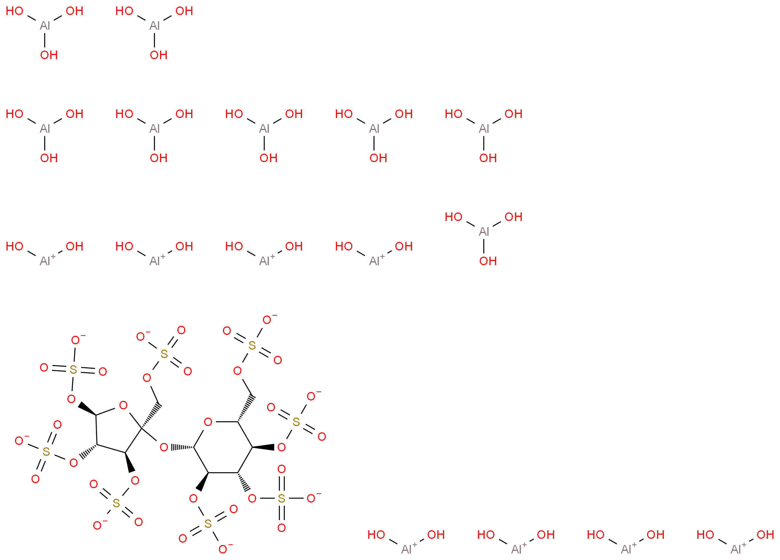 octakis(alumanetriol) octakis(dihydroxyalumanylium) (2R,3S,4S,5R)-4,5-bis(sulfonatooxy)-2-[(sulfonatooxy)methyl]-2-{[(2S,3R,4S,5R,6R)-3,4,5-tris(sulfonatooxy)-6-[(sulfonatooxy)methyl]oxan-2-yl]oxy}oxolan-3-yl sulfate_分子结构_CAS_54182-58-0