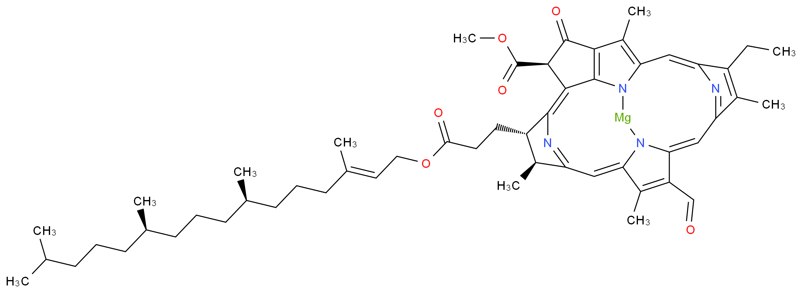 methyl (5R,8S,9S,11Z,15Z,20Z)-19-ethyl-14-formyl-9,13,18,25-tetramethyl-4-oxo-8-(3-oxo-3-{[(2E,7R,11R)-3,7,11,15-tetramethylhexadec-2-en-1-yl]oxy}propyl)-1,24,26,27-tetraaza-23-magnesaheptacyclo[10.10.2.1<sup>3</sup>,<sup>2</sup><sup>2</sup>.1<sup>7</sup>,<sup>1</sup><sup>0</sup>.1<sup>1</sup><sup>7</sup>,<sup>2</sup><sup>0</sup>.0<sup>2</sup>,<sup>6</sup>.0<sup>1</sup><sup>5</sup>,<sup>2</sup><sup>4</sup>]heptacosa-2,6,10(27),11,13,15,17(26),18,20,22(25)-decaene-5-carboxylate_分子结构_CAS_519-63-1
