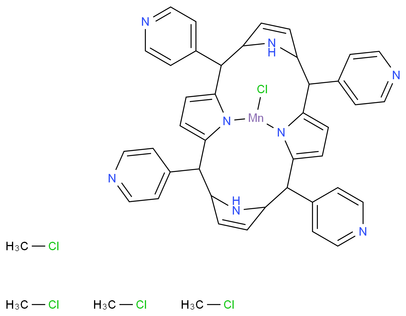 22-chloro-2,7,12,17-tetrakis(pyridin-4-yl)-21,23,24,25-tetraaza-22-manganahexacyclo[9.9.3.1<sup>3</sup>,<sup>6</sup>.1<sup>1</sup><sup>3</sup>,<sup>1</sup><sup>6</sup>.0<sup>8</sup>,<sup>2</sup><sup>3</sup>.0<sup>1</sup><sup>8</sup>,<sup>2</sup><sup>1</sup>]pentacosa-1(20),4,8,10,14,18-hexaene; tetrakis(chloromethane)_分子结构_CAS_125565-45-9