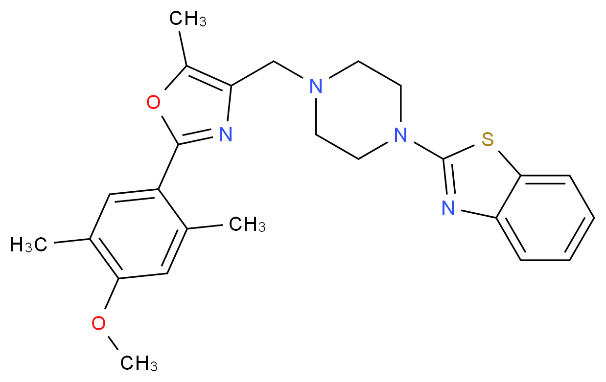 2-(4-{[2-(4-methoxy-2,5-dimethylphenyl)-5-methyl-1,3-oxazol-4-yl]methyl}-1-piperazinyl)-1,3-benzothiazole_分子结构_CAS_)
