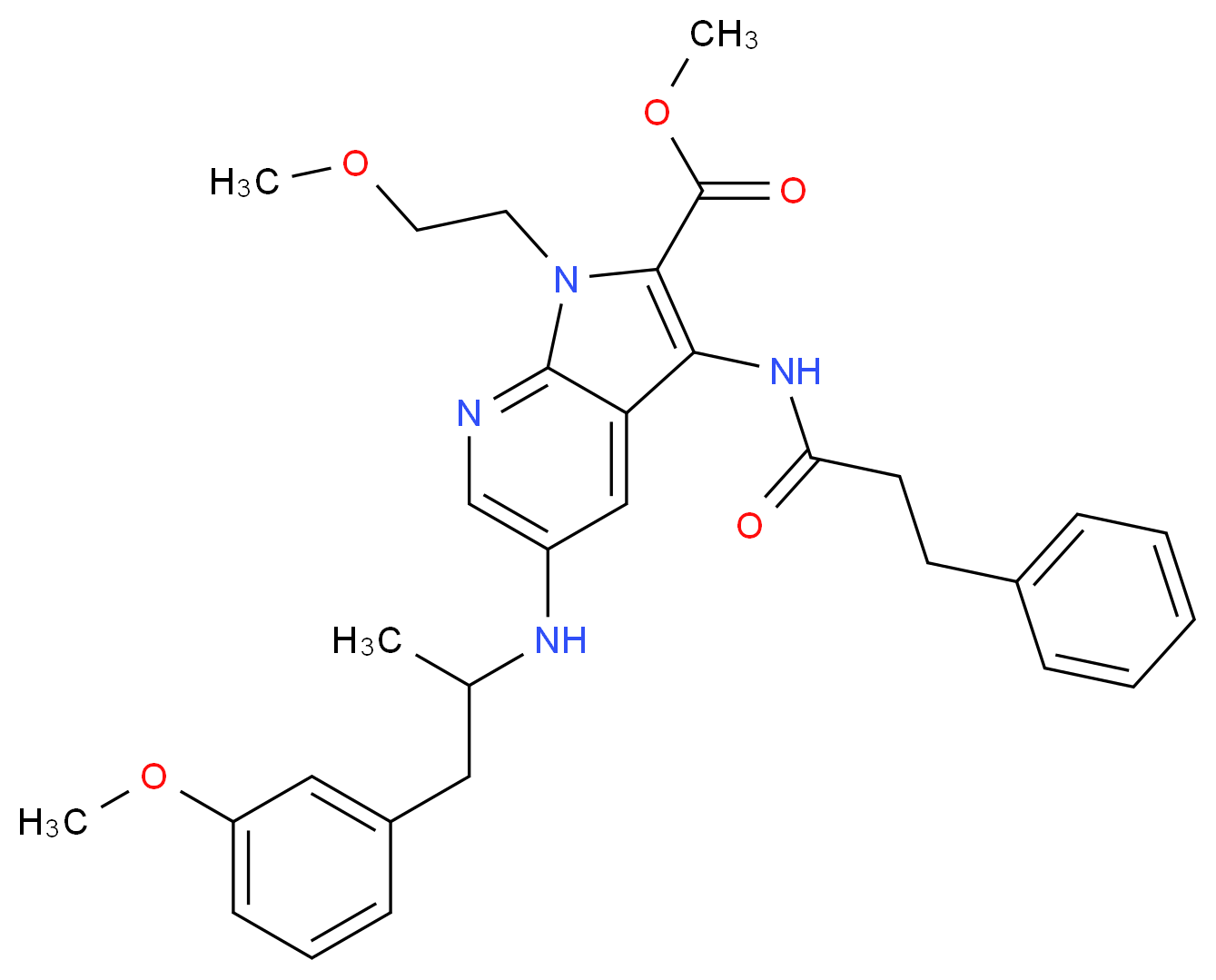 methyl 1-(2-methoxyethyl)-5-{[2-(3-methoxyphenyl)-1-methylethyl]amino}-3-[(3-phenylpropanoyl)amino]-1H-pyrrolo[2,3-b]pyridine-2-carboxylate_分子结构_CAS_)