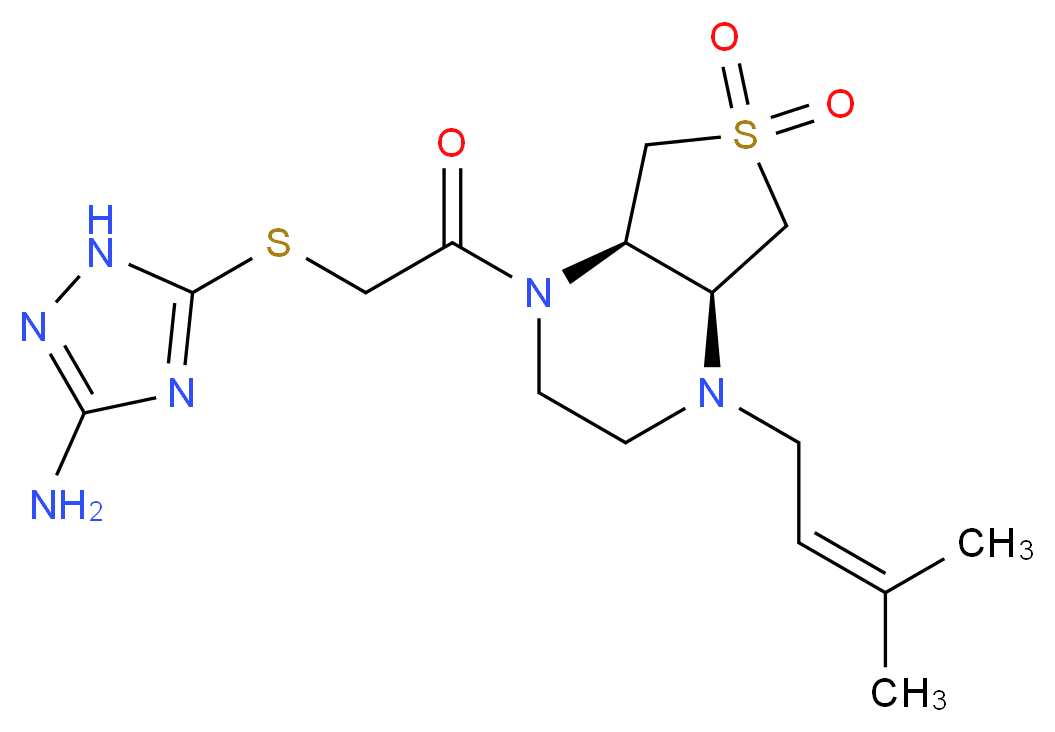 5-({2-[(4aS*,7aR*)-4-(3-methylbut-2-en-1-yl)-6,6-dioxidohexahydrothieno[3,4-b]pyrazin-1(2H)-yl]-2-oxoethyl}thio)-1H-1,2,4-triazol-3-amine_分子结构_CAS_)