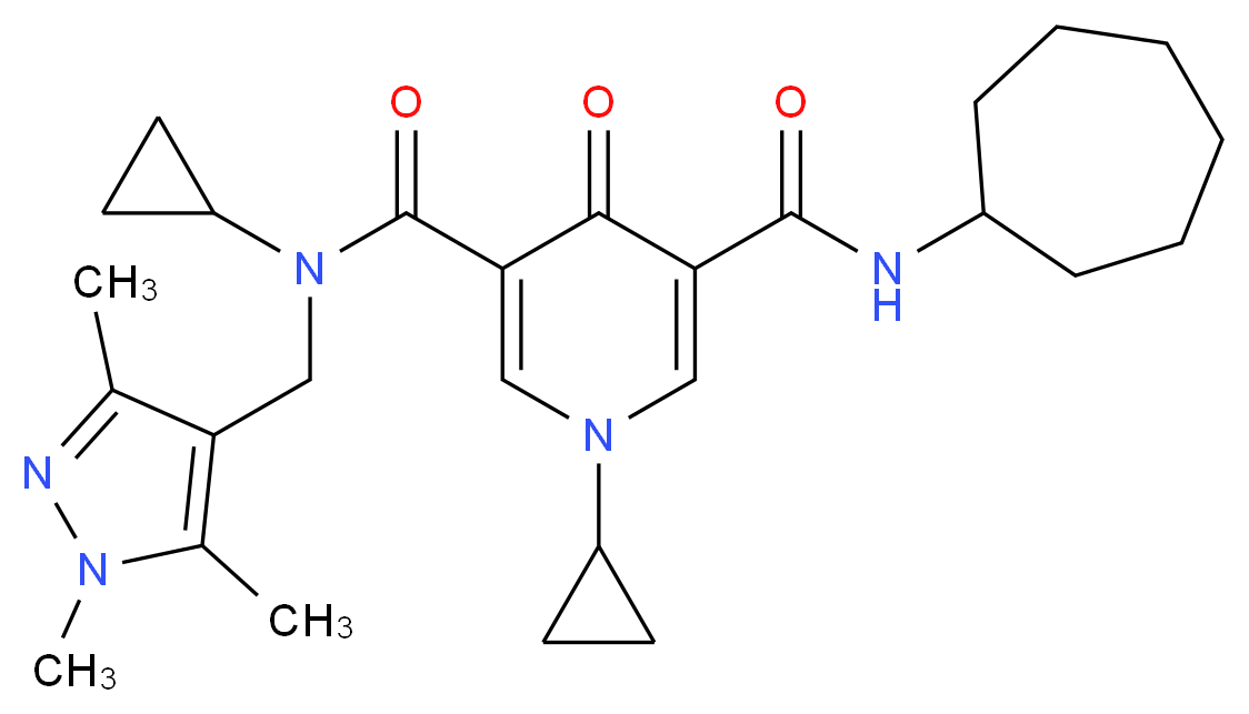 N'-cycloheptyl-N,1-dicyclopropyl-4-oxo-N-[(1,3,5-trimethyl-1H-pyrazol-4-yl)methyl]-1,4-dihydro-3,5-pyridinedicarboxamide_分子结构_CAS_)