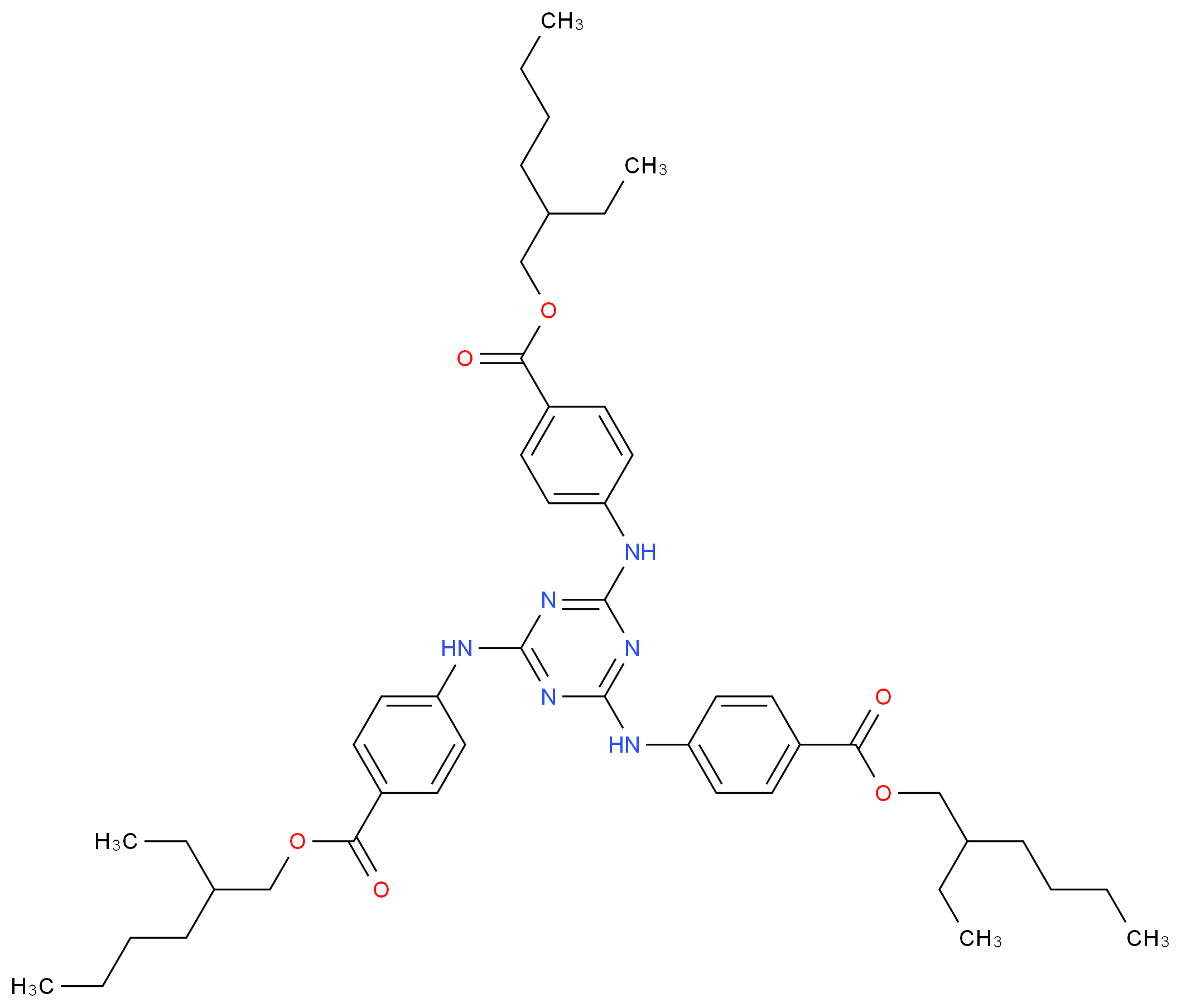 2-ethylhexyl 4-({bis[(4-{[(2-ethylhexyl)oxy]carbonyl}phenyl)amino]-1,3,5-triazin-2-yl}amino)benzoate_分子结构_CAS_88122-99-0