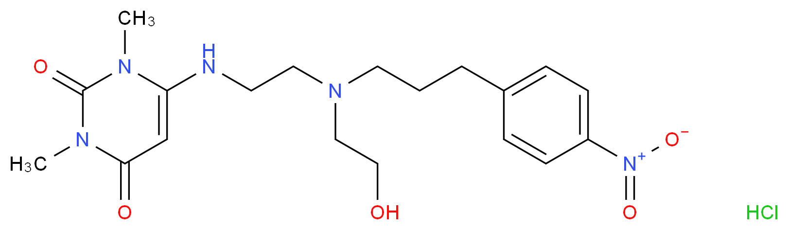 6-({2-[(2-hydroxyethyl)[3-(4-nitrophenyl)propyl]amino]ethyl}amino)-1,3-dimethyl-1,2,3,4-tetrahydropyrimidine-2,4-dione hydrochloride_分子结构_CAS_130656-51-8