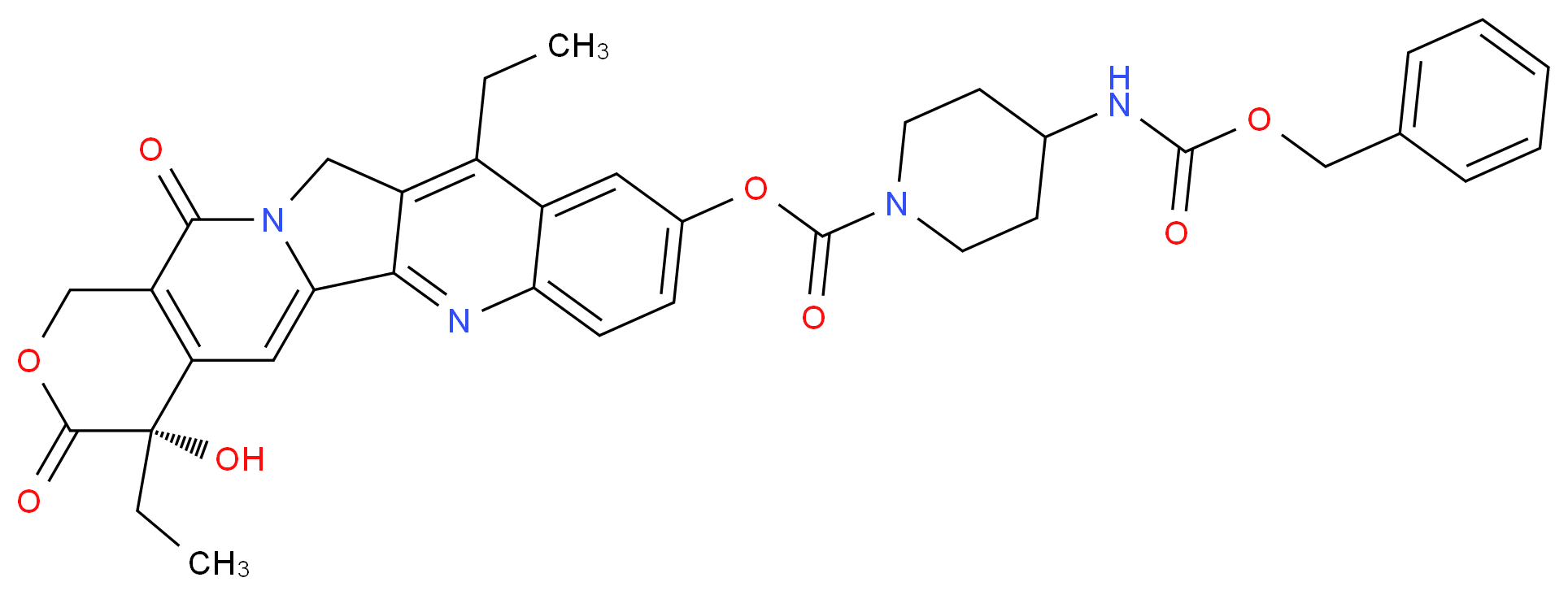 (19S)-10,19-diethyl-19-hydroxy-14,18-dioxo-17-oxa-3,13-diazapentacyclo[11.8.0.0<sup>2</sup>,<sup>1</sup><sup>1</sup>.0<sup>4</sup>,<sup>9</sup>.0<sup>1</sup><sup>5</sup>,<sup>2</sup><sup>0</sup>]henicosa-1(21),2,4,6,8,10,15(20)-heptaen-7-yl 4-{[(benzyloxy)carbonyl]amino}piperidine-1-carboxylate_分子结构_CAS_1217686-49-1