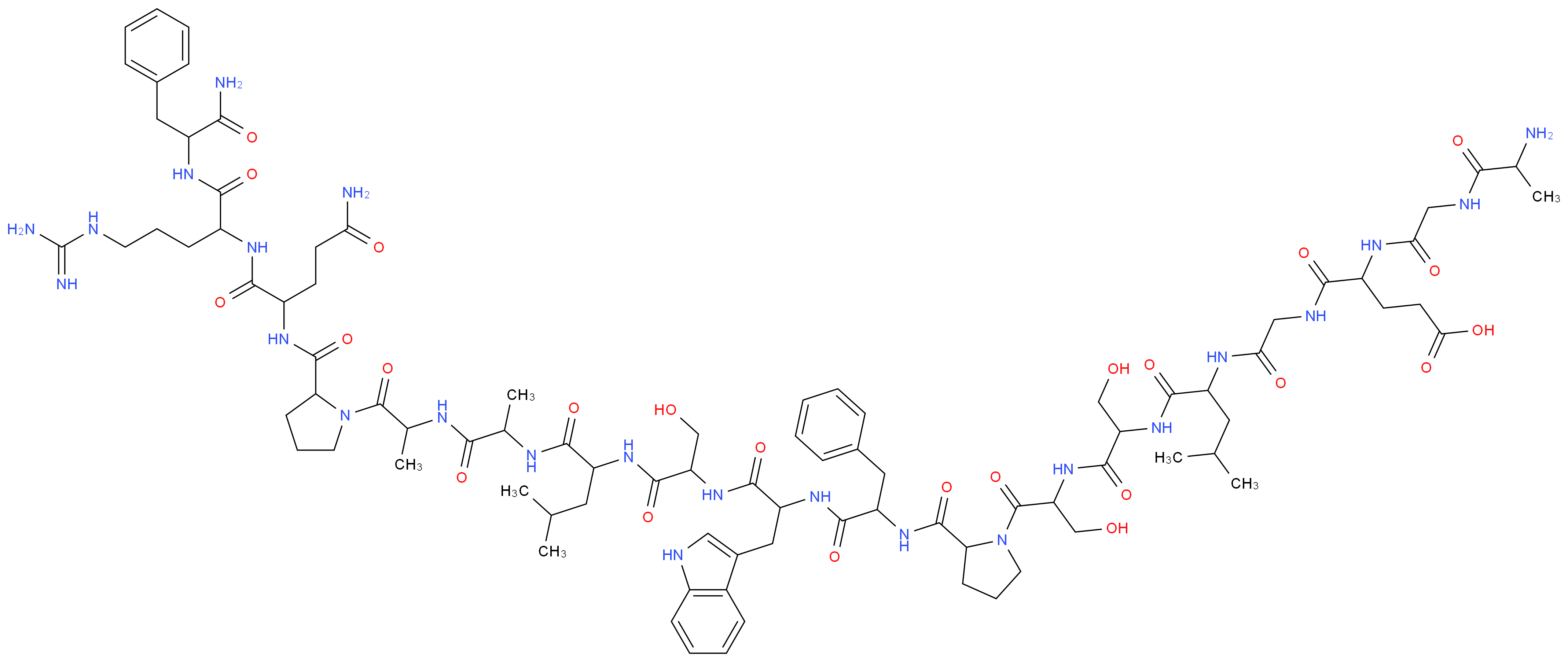 4-[2-(2-aminopropanamido)acetamido]-4-({[(1-{[1-({1-[2-({1-[(1-{[1-({1-[(1-{[1-(2-{[1-({4-carbamimidamido-1-[(1-carbamoyl-2-phenylethyl)carbamoyl]butyl}carbamoyl)-3-carbamoylpropyl]carbamoyl}pyrrolidin-1-yl)-1-oxopropan-2-yl]carbamoyl}ethyl)carbamoyl]-3-methylbutyl}carbamoyl)-2-hydroxyethyl]carbamoyl}-2-(1H-indol-3-yl)ethyl)carbamoyl]-2-phenylethyl}carbamoyl)pyrrolidin-1-yl]-3-hydroxy-1-oxopropan-2-yl}carbamoyl)-2-hydroxyethyl]carbamoyl}-3-methylbutyl)carbamoyl]methyl}carbamoyl)butanoic acid_分子结构_CAS_99588-52-0