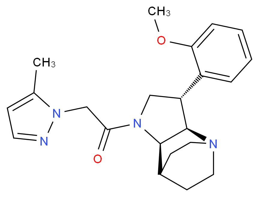 (2R*,3S*,6R*)-3-(2-methoxyphenyl)-5-[(5-methyl-1H-pyrazol-1-yl)acetyl]-1,5-diazatricyclo[5.2.2.0~2,6~]undecane_分子结构_CAS_)
