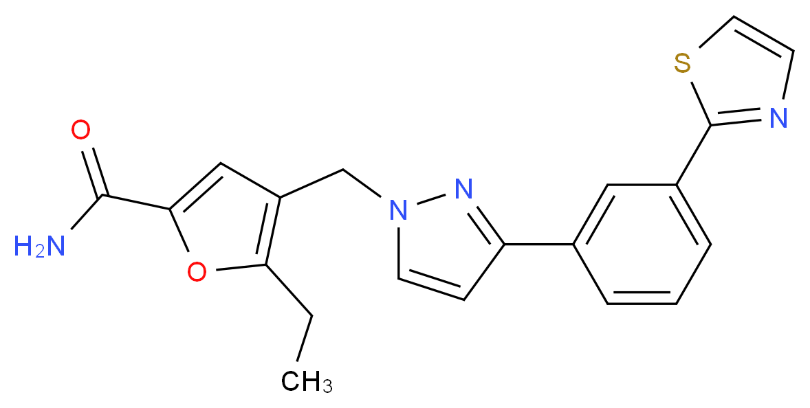 5-ethyl-4-({3-[3-(1,3-thiazol-2-yl)phenyl]-1H-pyrazol-1-yl}methyl)-2-furamide_分子结构_CAS_)