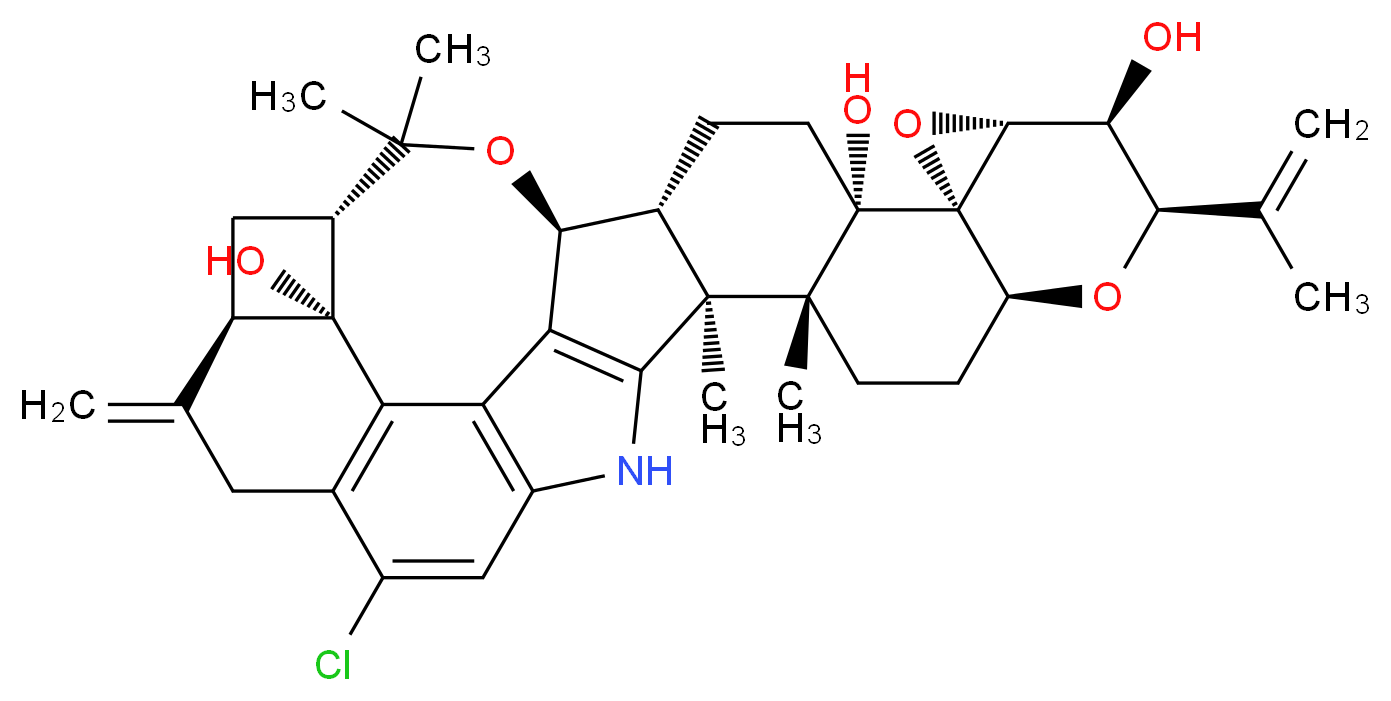 (1S,2R,5S,6S,8R,9S,10R,12S,15R,16S,25R,27S,28R)-21-chloro-15,16,33,33-tetramethyl-24-methylidene-10-(prop-1-en-2-yl)-7,11,32-trioxa-18-azadecacyclo[25.4.2.0<sup>2</sup>,<sup>1</sup><sup>6</sup>.0<sup>5</sup>,<sup>1</sup><sup>5</sup>.0<sup>6</sup>,<sup>8</sup>.0<sup>6</sup>,<sup>1</sup><sup>2</sup>.0<sup>1</sup><sup>7</sup>,<sup>3</sup><sup>1</sup>.0<sup>1</sup><sup>9</sup>,<sup>3</sup><sup>0</sup>.0<sup>2</sup><sup>2</sup>,<sup>2</sup><sup>9</sup>.0<sup>2</sup><sup>5</sup>,<sup>2</sup><sup>8</sup>]tritriaconta-17(31),19(30),20,22(29)-tetraene-5,9,28-triol_分子结构_CAS_12627-35-9