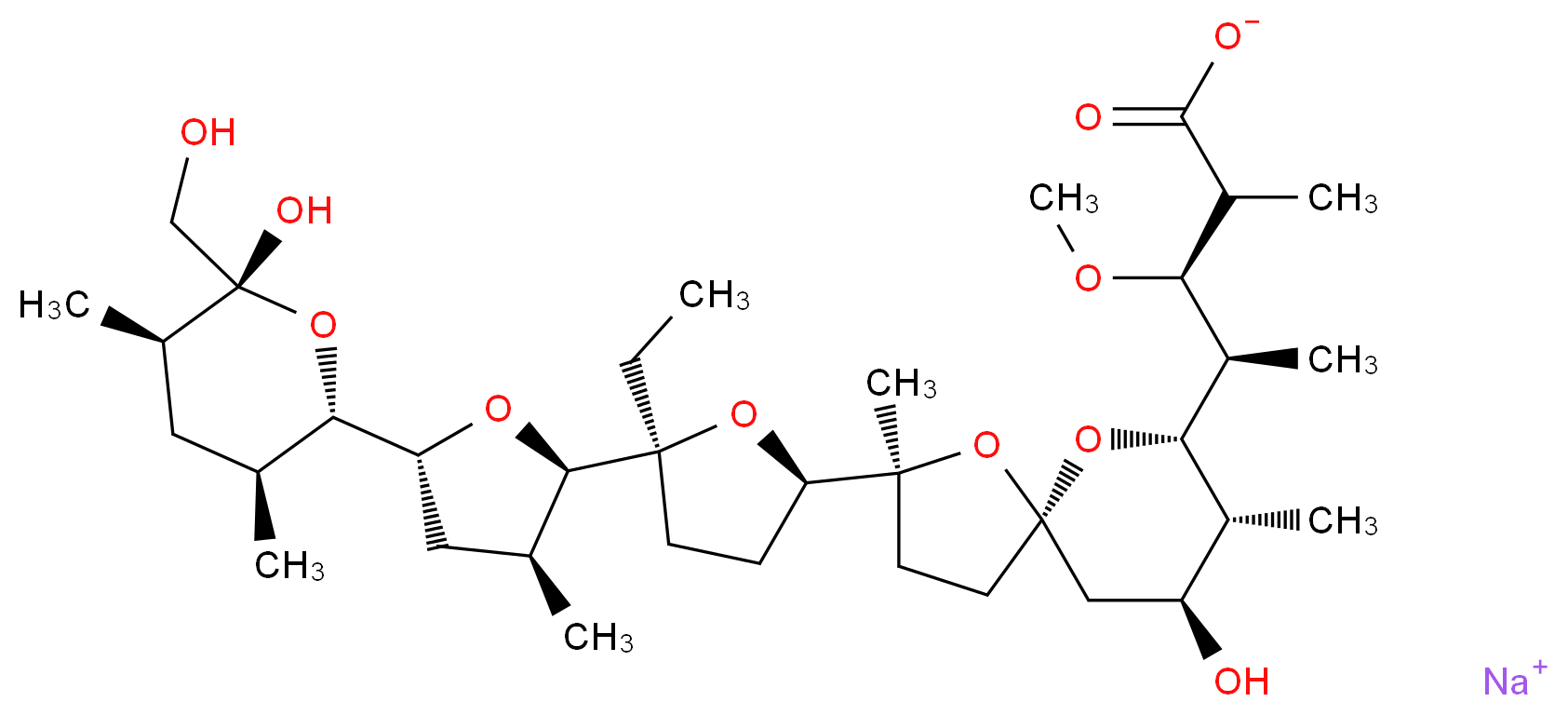 sodium (3R,4R)-4-[(2S,5R,7S,8R,9S)-2-[(2R,5S)-5-ethyl-5-[(2R,3S,5R)-5-[(2S,3S,5R,6R)-6-hydroxy-6-(hydroxymethyl)-3,5-dimethyloxan-2-yl]-3-methyloxolan-2-yl]oxolan-2-yl]-9-hydroxy-2,8-dimethyl-1,6-dioxaspiro[4.5]decan-7-yl]-3-methoxy-2-methylpentanoate_分子结构_CAS_22373-78-0