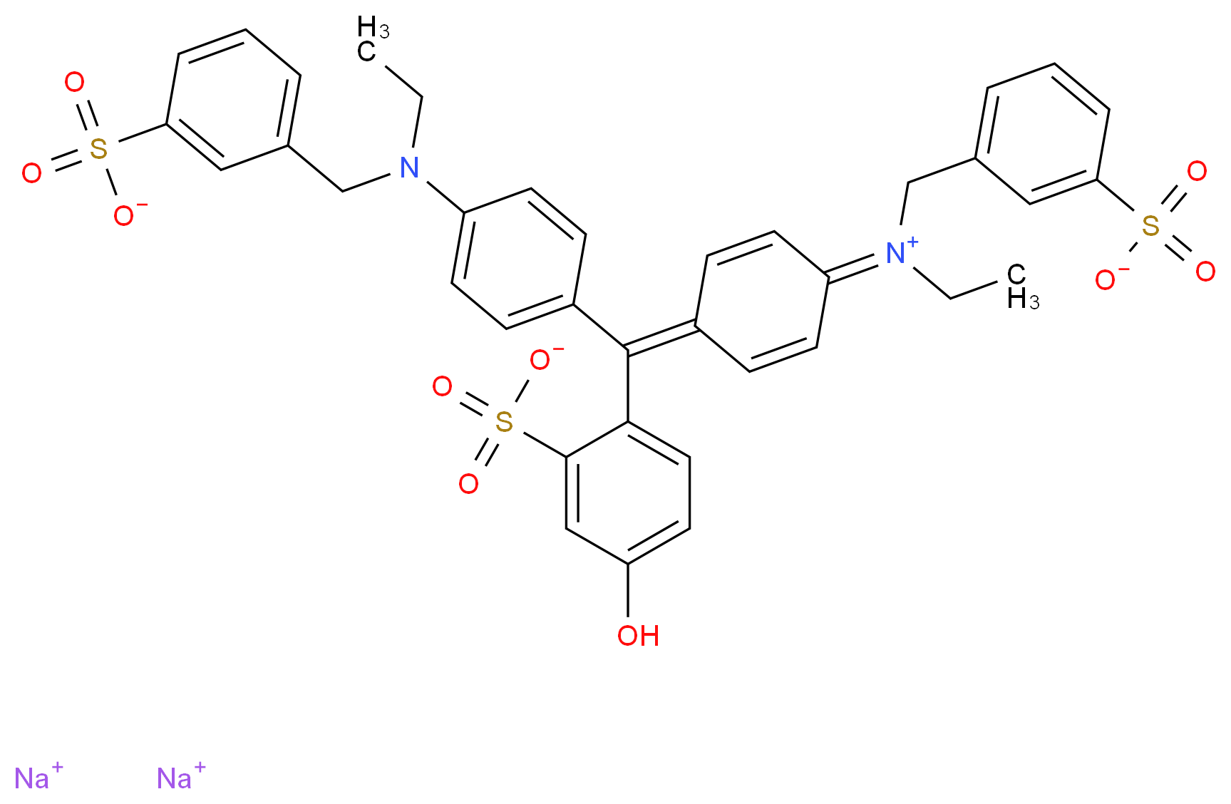 disodium 2-[(4-{ethyl[(3-sulfonatophenyl)methyl]amino}phenyl)(4-{ethyl[(3-sulfonatophenyl)methyl]iminiumyl}cyclohexa-2,5-dien-1-ylidene)methyl]-5-hydroxybenzene-1-sulfonate_分子结构_CAS_2353-45-9