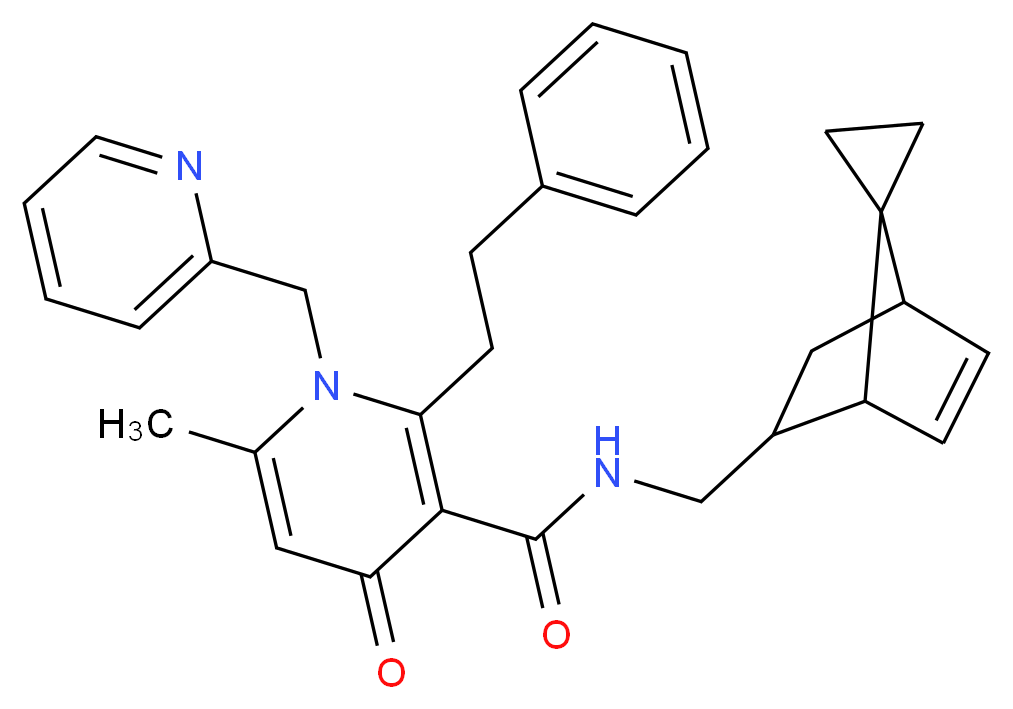 6-methyl-4-oxo-2-(2-phenylethyl)-1-(2-pyridinylmethyl)-N-(spiro[bicyclo[2.2.1]heptane-7,1'-cyclopropane]-5-en-2-ylmethyl)-1,4-dihydro-3-pyridinecarboxamide_分子结构_CAS_)