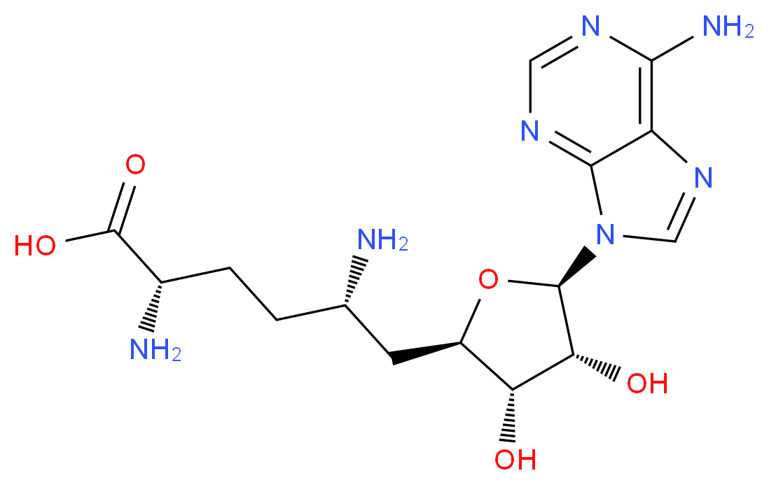 (2S,5S)-2,5-diamino-6-[(2R,3S,4R,5R)-5-(6-amino-9H-purin-9-yl)-3,4-dihydroxyoxolan-2-yl]hexanoic acid_分子结构_CAS_58944-73-3