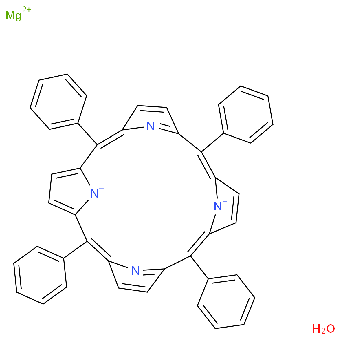 magnesium(2+) ion 2,7,12,17-tetraphenyl-21,22,23,24-tetraazapentacyclo[16.2.1.1<sup>3</sup>,<sup>6</sup>.1<sup>8</sup>,<sup>1</sup><sup>1</sup>.1<sup>1</sup><sup>3</sup>,<sup>1</sup><sup>6</sup>]tetracosa-1,3(24),4,6,8,10,12,14,16(22),17,19-undecaene-21,23-diide hydrate_分子结构_CAS_14640-21-2