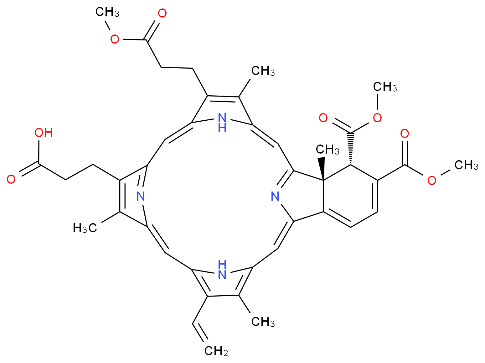 3-[(23S,24R)-14-ethenyl-5-(3-methoxy-3-oxopropyl)-22,23-bis(methoxycarbonyl)-4,10,15,24-tetramethyl-25,26,27,28-tetraazahexacyclo[16.6.1.1^{3,6}.1^{8,11}.1^{13,16}.0^{19,24}]octacosa-1(25),2,4,6,8(27),9,11,13,15,17,19,21-dodecaen-9-yl]propanoic acid_分子结构_CAS_129497-78-5