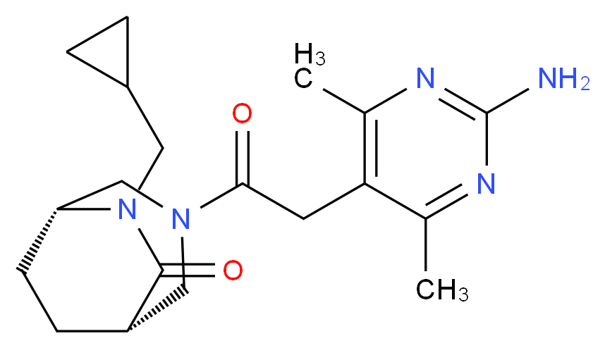(1S*,5R*)-3-[(2-amino-4,6-dimethyl-5-pyrimidinyl)acetyl]-6-(cyclopropylmethyl)-3,6-diazabicyclo[3.2.2]nonan-7-one_分子结构_CAS_)