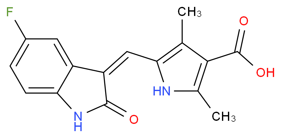 5-(5-Fluoro-2-oxo-1,2-dihydro-indol-3-ylidenemethyl)-2,4-dimethyl-1H-pyrrole-3-carboxylic Acid_分子结构_CAS_452105-33-8)