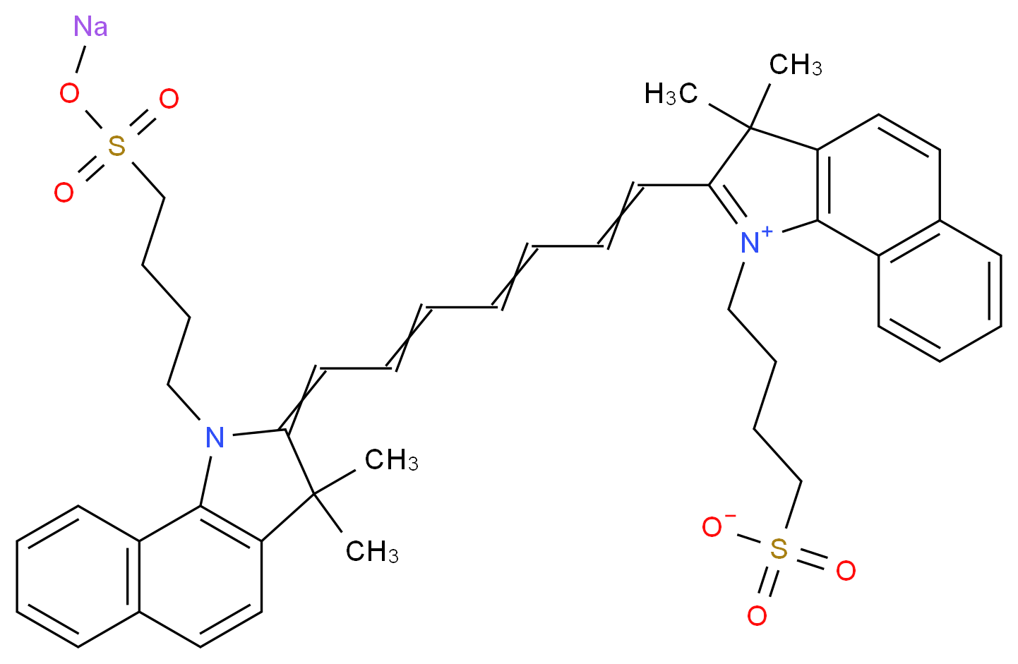 2-[7-(3,3-dimethyl-1-{4-[(sodiooxy)sulfonyl]butyl}-1H,2H,3H-benzo[g]indol-2-ylidene)hepta-1,3,5-trien-1-yl]-3,3-dimethyl-1-(4-sulfonatobutyl)-3H-benzo[g]indol-1-ium_分子结构_CAS_3599-32-4