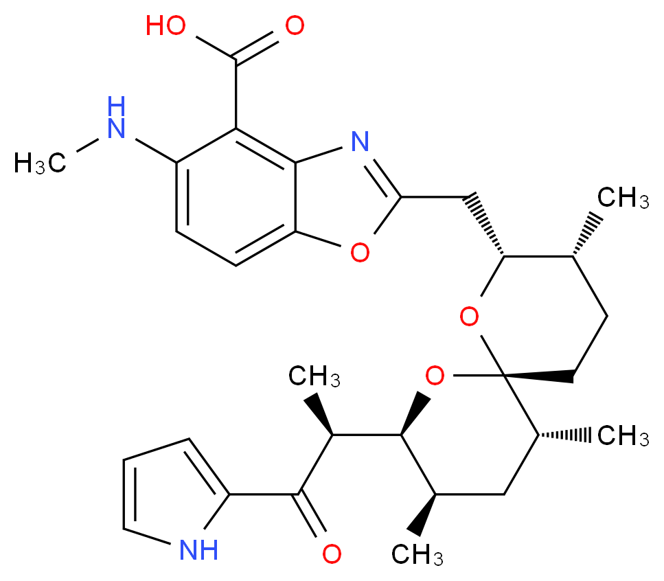 5-(methylamino)-2-{[(2R,3R,6S,8S,9R,11R)-3,9,11-trimethyl-8-[(2S)-1-oxo-1-(1H-pyrrol-2-yl)propan-2-yl]-1,7-dioxaspiro[5.5]undecan-2-yl]methyl}-1,3-benzoxazole-4-carboxylic acid_分子结构_CAS_52665-69-7