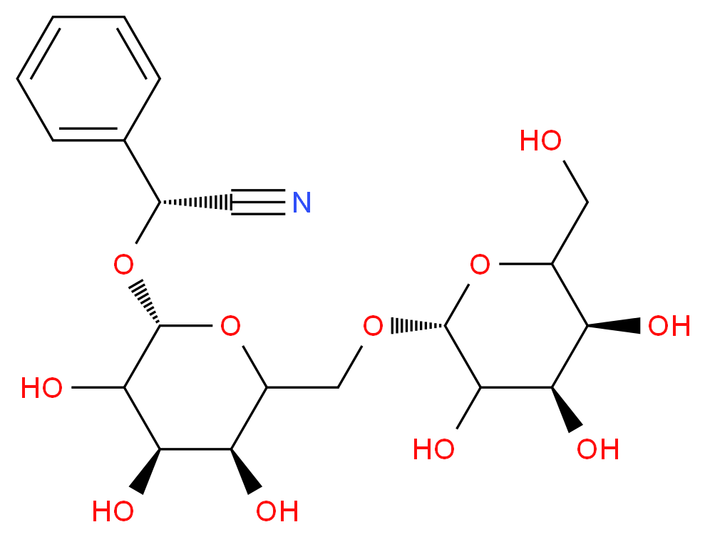 (2R)-2-phenyl-2-{[(2R,4R,5S)-3,4,5-trihydroxy-6-({[(2R,4R,5S)-3,4,5-trihydroxy-6-(hydroxymethyl)oxan-2-yl]oxy}methyl)oxan-2-yl]oxy}acetonitrile_分子结构_CAS_29883-15-6