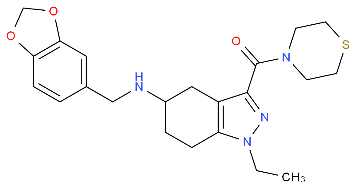 N-(1,3-benzodioxol-5-ylmethyl)-1-ethyl-3-(4-thiomorpholinylcarbonyl)-4,5,6,7-tetrahydro-1H-indazol-5-amine_分子结构_CAS_)