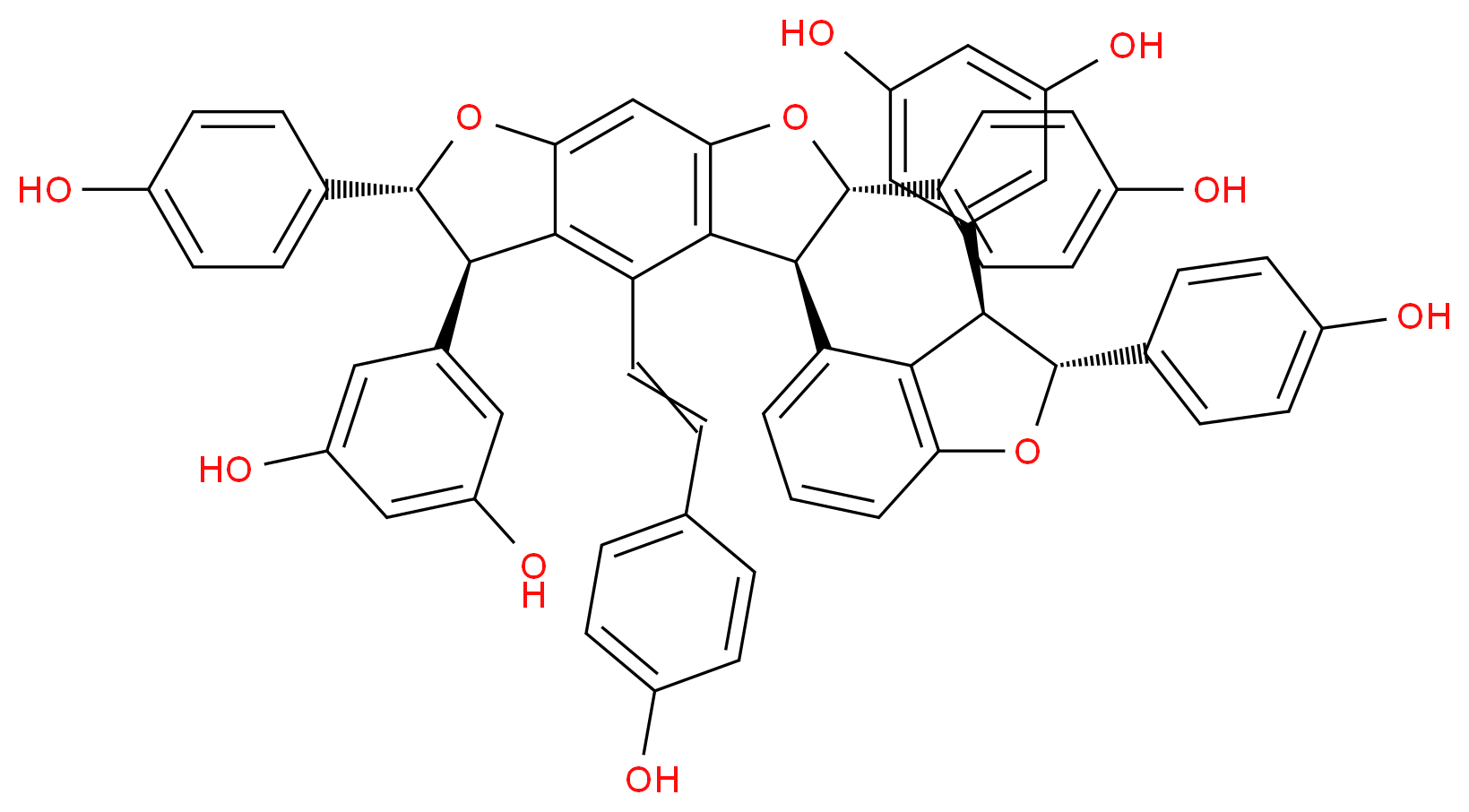 5-[(5R,6R,10S,11S)-10-[(2R,3R)-3-(3,5-dihydroxyphenyl)-2-(4-hydroxyphenyl)-2,3-dihydro-1-benzofuran-4-yl]-5,11-bis(4-hydroxyphenyl)-8-[2-(4-hydroxyphenyl)ethenyl]-4,12-dioxatricyclo[7.3.0.0<sup>3</sup>,<sup>7</sup>]dodeca-1(9),2,7-trien-6-yl]benzene-1,3-diol_分子结构_CAS_205440-11-5